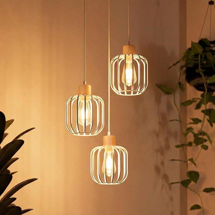 Lustre suspension - NETTLIFE - Lustre bois 3 ampoules E27 - Blanc - Style moderne scandinave - Abat-jour métal ajouré