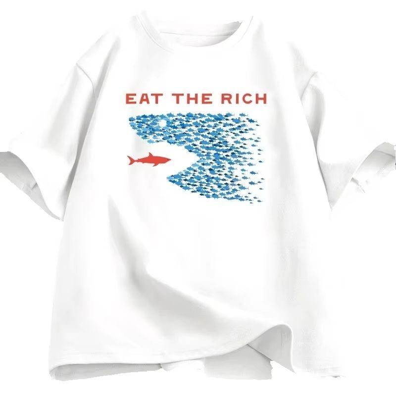 Eat The Rich Funny Cotton Cartoon Printed Mens And Womens Personalized Loose Short Sleeve Summer New Round Neck Tshirt