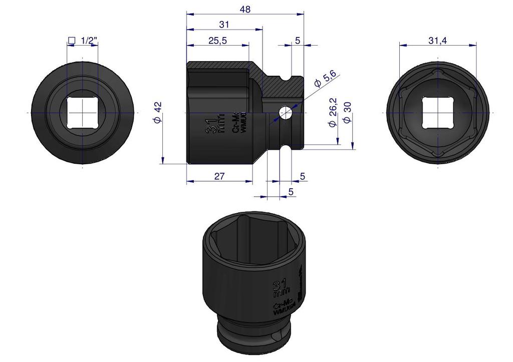 Nasadka Udarowa Sześciokątna 1/2". 31 Mm. Crmo. Din 3129. Waryński