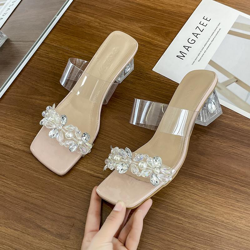 Fashion 2024 Summer New Square Head Solid Color Transparent Sexy Crystal Heels for Wearing Comfortable Oversized Slippers for Women