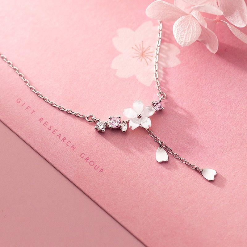 Real 925 Sterling Silver Cherry Flower Shell Long Tassel Necklace for Women Sweet Heart Pendant Clavicle Chain Choker Necklace