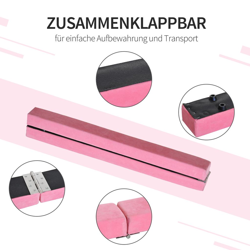 Foldable Balance Beam, Non-Slip, Suede Cover, Sturdy Wood, 210 x 10 x 6.5 cm, Pink
