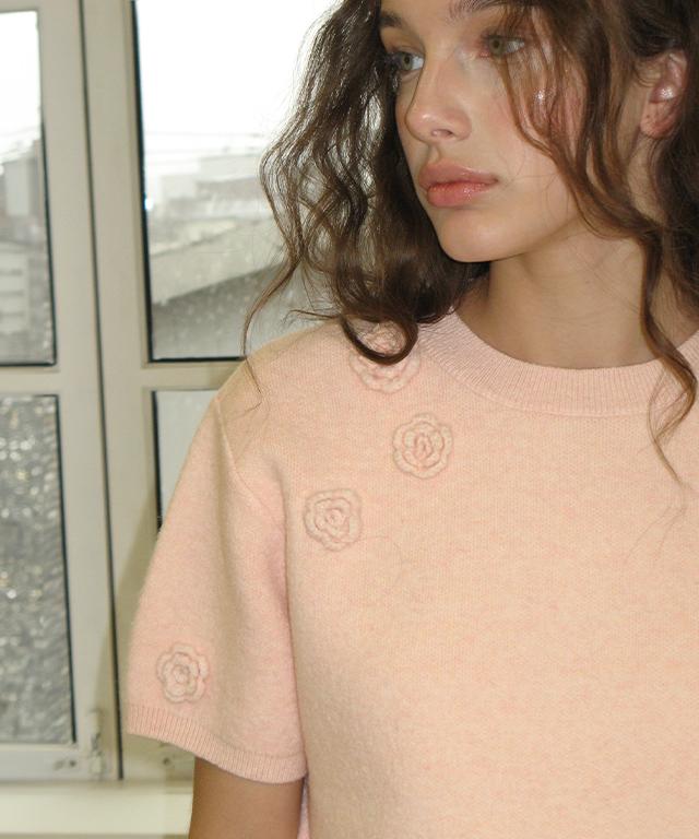 RONRON Handmade Flower Short Sleeve Knit Soft Pink