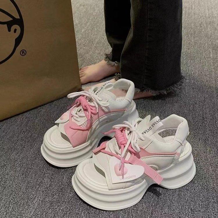 Летние прогулочные туфли на танкетке с толстой подошвой, женские с открытым носком, на шнуровке, массивные сандалии, модные спортивные женские сандалии на платформе