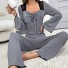 Spring Autumn Solid Lace Trim Pajamas Set Casual Sexy Women Cardigan Sleepwear Crop Tops and Long Trousers Loungewear Nightwear