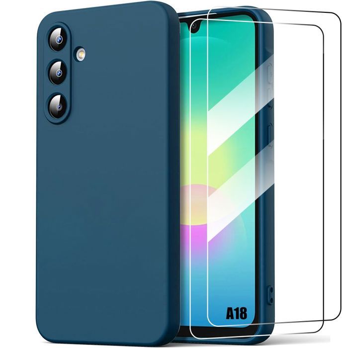 Coque pour Samsung Galaxy A18 4G/5G, Silicone Slim Anti-Rayures Bleu Marine - 2 Verres Trempés