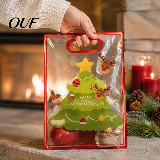 Seasonal Souvenir Gift Pouches Christmas Bags with Handles, Reusable Clear PP Treat for Eve Candy Apples Cookies, Holiday Party Favor Packaging Ribbon