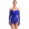 Womens Sparkling Tassel Dancewear Mesh Draped Leotard Rhinestone Fringed Bodysuit Adjustable Strap Gymnastics Outfit