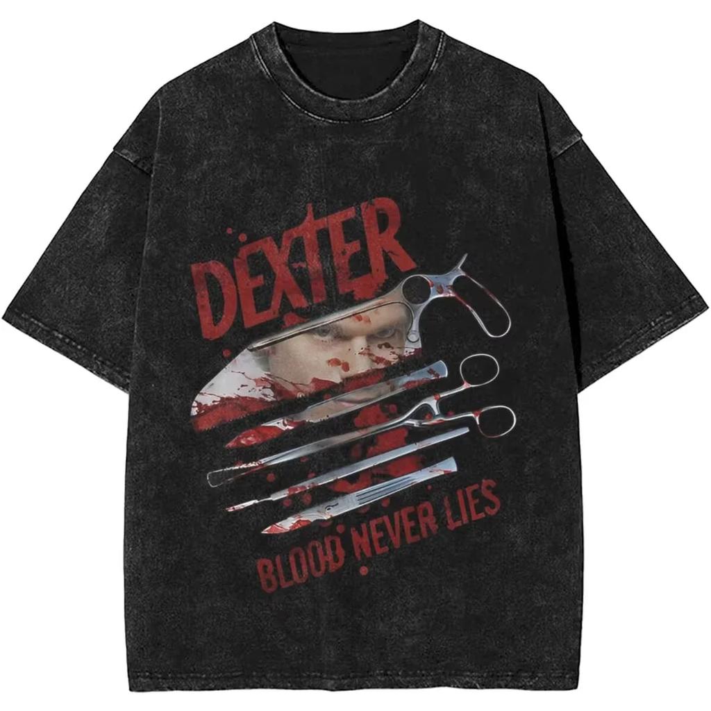 Новая коллекция Dexter Morgan Средний палец Ретро Модный Винтажный Стиранная Футболка Летние Y2K Топы Хлопок Мужские Женские Футболки С коротким рукавом