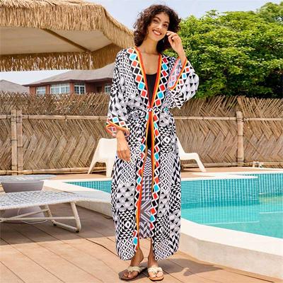 2024 Шикарный плед с принтом для вечеринки у бассейна, сексуальный купальник, бикини, накидки, летнее женское кимоно с поясом, платье-туника, пляжное платье больших размеров Q1332