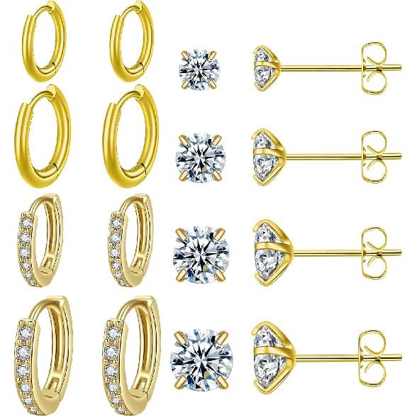 Surgical Steel Small Huggie Hoop CZ Stud Earrings Set for Women