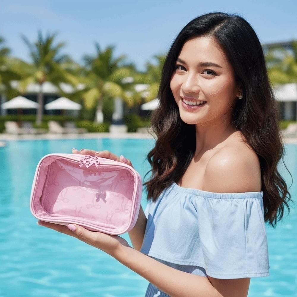 Clutch Pouch Transparent Makeup Bag Large Capacity PU Leather Clear PVC Handbag Waterproof Pink Bow Swimming Small Bag Party