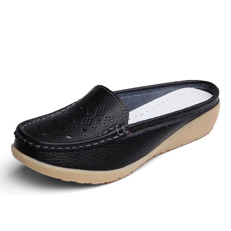 Summer New Women Wedge Slippers Leather Hollow Slip-On Loafers Vintage Casual Anti-slip Premium Slippers Moccasins Half Slippers