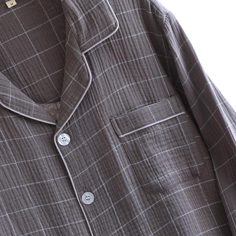 Мужская классическая клетчатая пижама: Чистый хлопок, длинный рукав, легкий креп, лацкан, свободный крой, для весны и осени