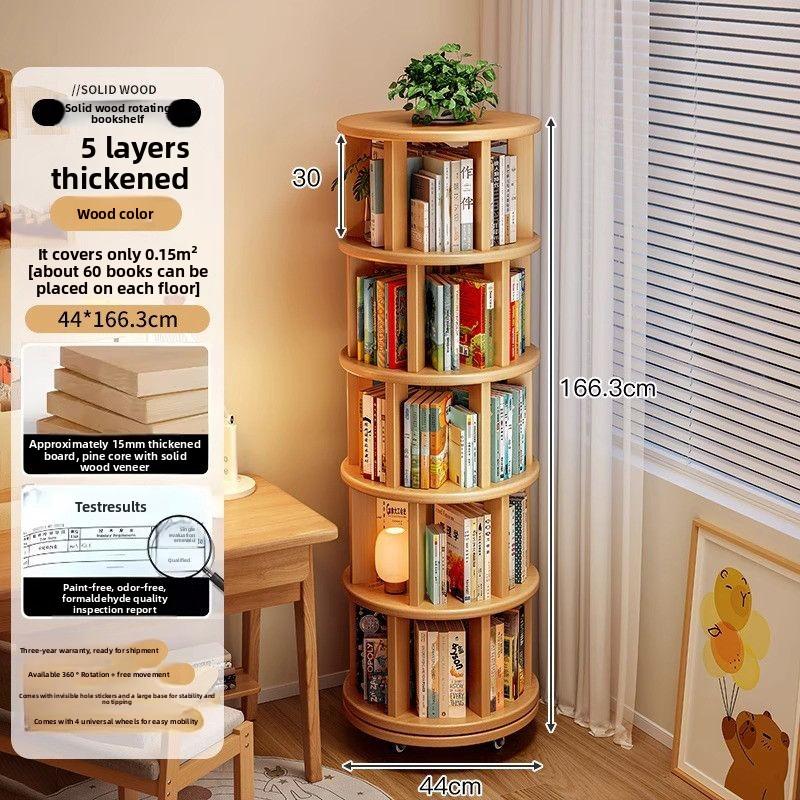 Solid Wood Rotating Bookshelf 360° Space Saving Multi Layer Home Office Library Storage Furniture Book Organizer