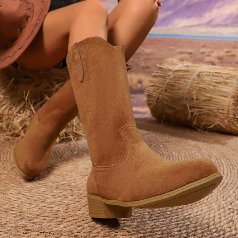 Женские осенние замшевые ковбойские сапоги в западном стиле - высокий каблук, вышивка, ретро, модные