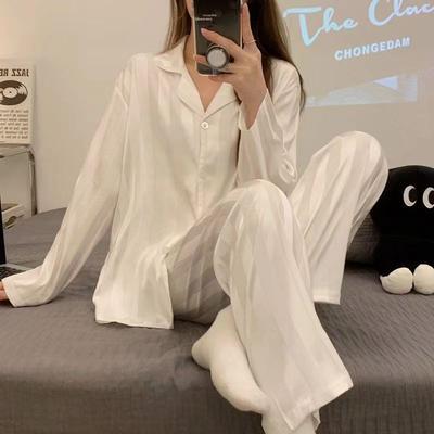 Весенне-осенний женский комплект домашней одежды из ледяного шелка Ins Корейская простая пижама с вертикальными полосками Свободный комплект домашней одежды для девочек