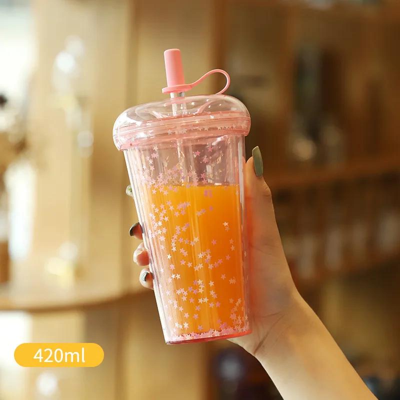 Ins Bubble Tea Cup Портативный стакан с трубочкой Пластиковые кофейные чашки с крышкой Прозрачная бутылка для воды
