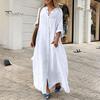 Spring Summer Women Dress Plus Size Loose Pure Color Single-breasted Pockets V Neck Long Sleeves Split Hem Soft Breathable Casual Ankle Length Maxi