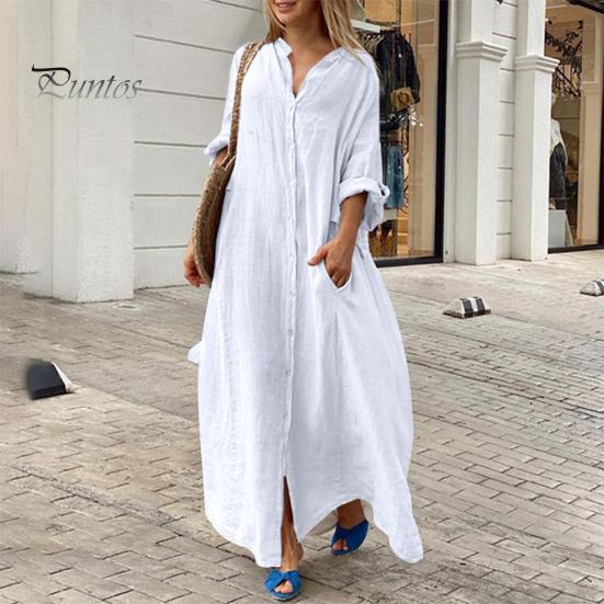 Spring Summer Women Dress Plus Size Loose Pure Color Single-breasted Pockets V Neck Long Sleeves Split Hem Soft Breathable Casual Ankle Length Maxi
