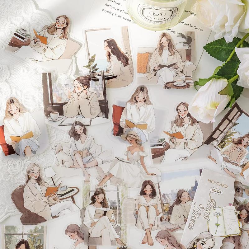 30Pcs/Pack Aesthetic Decals Labels Reading Girl Stickers Decorative Diary Album Material Scrapbooking Supplies