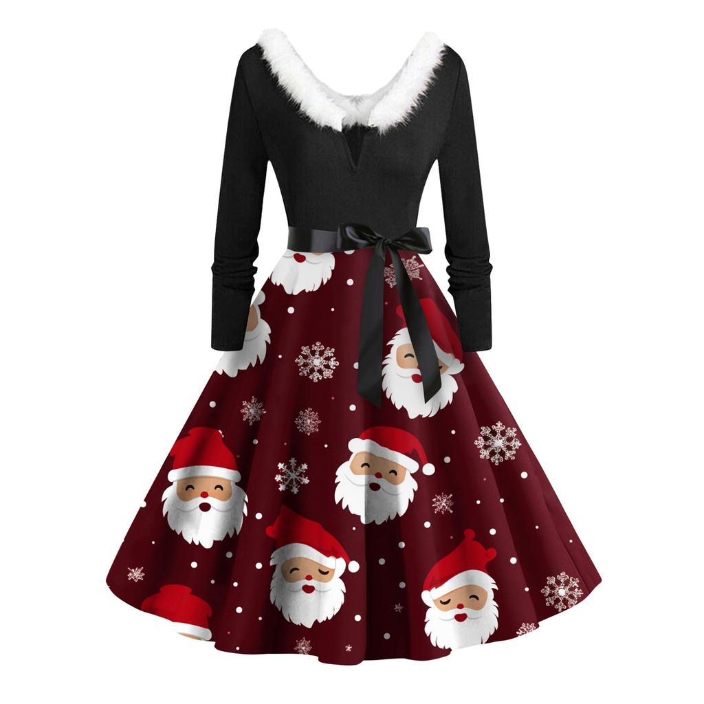 Women Vintage Long Sleeve Christmas Print 1950s Housewife Evening Party Prom Dress