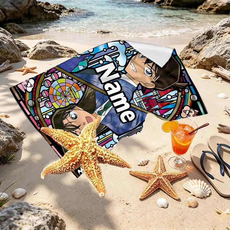 Custom Name Personalized Detective Conan Print Beach Towel, for Trip Camping Beach Party Home Decor, Birthday Gift for Family & Friends