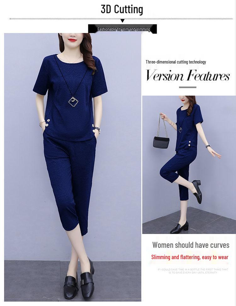 Модный женский летний костюм-двойка больших размеров: Футболка с коротким рукавом и укороченные брюки