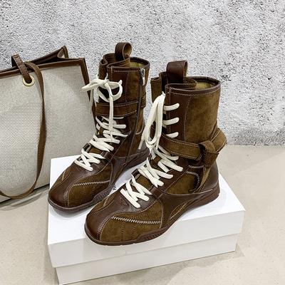Модные ботинки до середины голени на низком каблуке со шнуровкой спереди, осенние новинки, с круглым носком, из замши в сочетании, на мягкой подошве, противоскользящие, износостойкие, одинарные ботинки