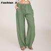 Женские длинные льняные повседневные свободные широкие брюки большого размера с эластичной резинкой на талии женские