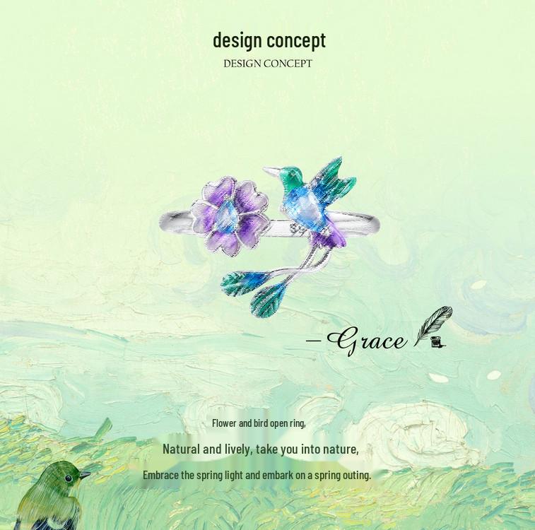 Avle Spring Bird & Flower Adjustable Open Ring - S925 Sterling Silver for Women