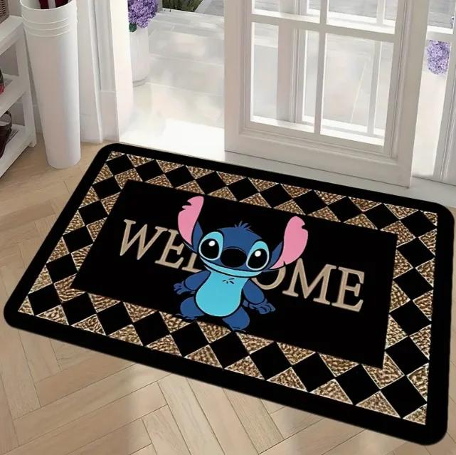 1 шт. Коврик для входной двери с изображением персонажей мультфильма «Стич»: нескользящий, с ярким цветочным рисунком, можно стирать в машине, легко чистится, подходит для дома и детей.