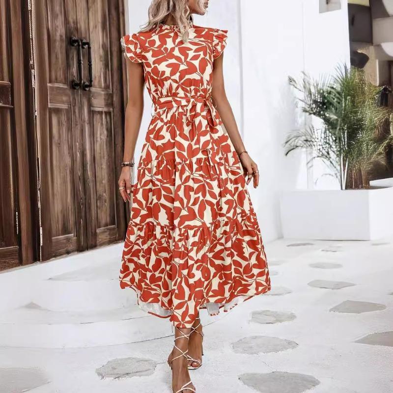 Женские модные летние весенние повседневные платья без рукавов с цветочным узором и воротником-стойкой с высокой талией