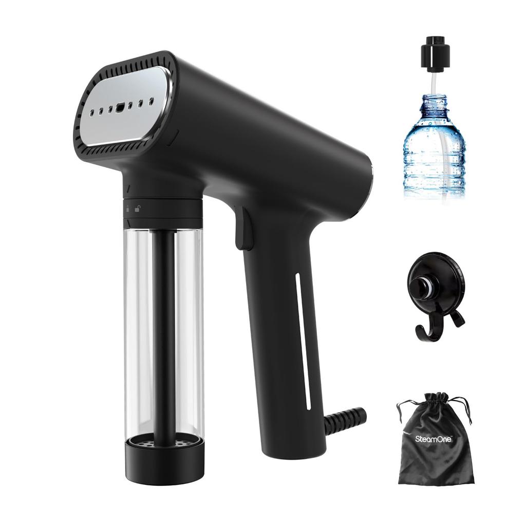 Отпариватель для одежды SteamOne NS1750B, черный, 18 г в 30, можно использовать непрерывно с пластиковой бутылкой S-Nomad, легкий/мощный пар/запускается