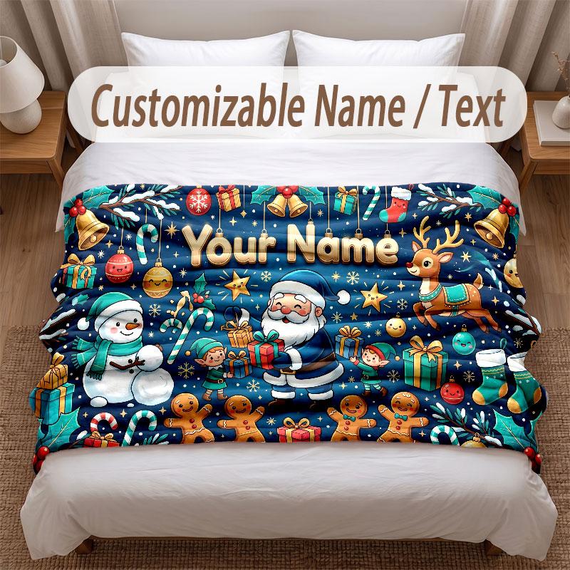 Christmas Theme Soft Blanket Personalized Custom Name Text Print Warm Blanket Home Sofa Bedroom Decor