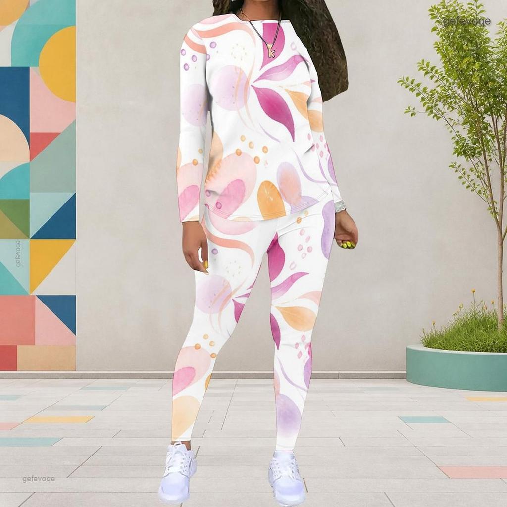 Women Plus Size Colorful Printed Round Neck Long Sleeve Top And Fitted Pants Two Piece Set