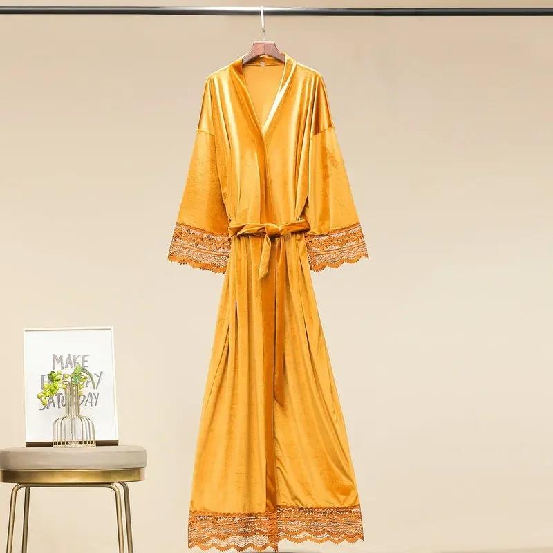 Long Velvet Robes with Lace Robe Women Bride Bridesmaid Kimono Bathrobe Party Soft Lady Wedding Homewear Warm Velvet Robe Gown