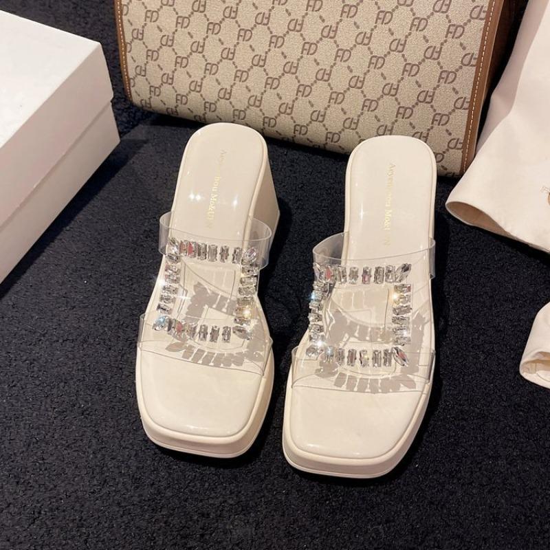 Крутые шлепанцы на толстой подошве и высоком каблуке для женщин, модные шлепанцы с перемычкой и стразами большого размера для женщин