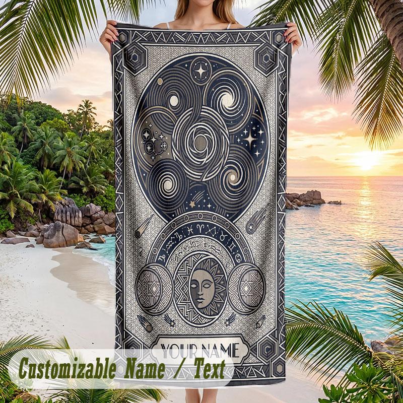 Cosmic Owl Guardian Theme Quick Dry Beach Towel Custom Name Text Print Large Sand Resistant Towel Beach Vacation