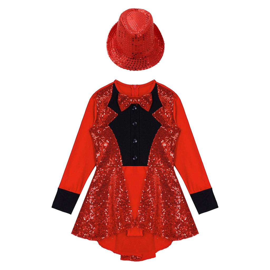 Girls Sequin Patchwork Leotard Long Sleeve Round Neck Bow Tie Zipper Paillette Fedora Hat Role Play Dress Up