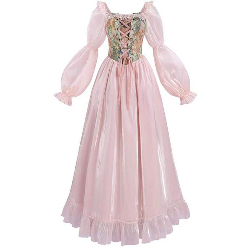 Medieval Floral Dress Cosplay Costume Court Style Corset Puff Sleeve Long Gown Halloween Party Stage Performance