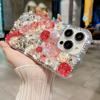 For iPhone 12/12 Pro Case Rose Flowers Pearls Rhinestones Decor PC+TPU Phone Cover