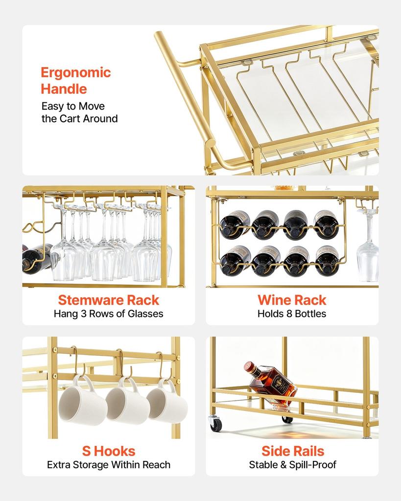 Bar Cart, 3 Tiers Home Kitchen Serving Carts, Modern Rolling Utility Station on Wheels, Drink Beverage Trolley with Tempered Glass Shelves, Wine Rack,