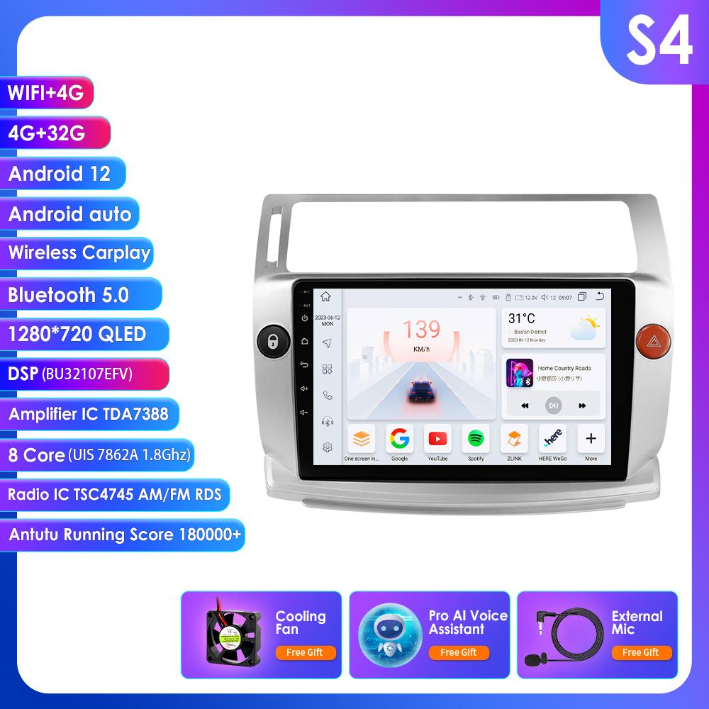 Hizpo Android 14 Интеллектуальная автомобильная магнитола для Citroen C4 C-Triomphe C-Quatre 2004-2009 Мультимедийный видеоплеер Навигация GPS Carplay 4G QLED Экран