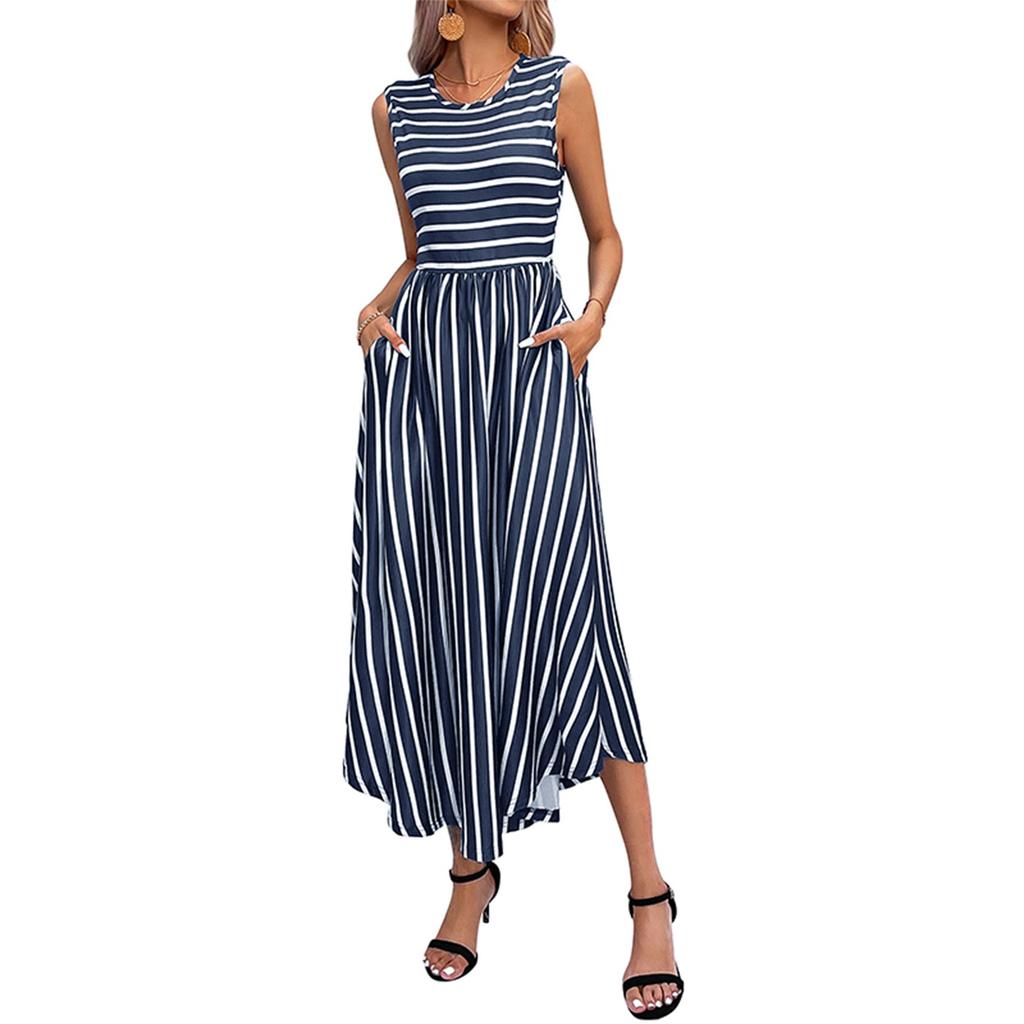 Женское платье повседневное с круглым вырезом в полоску без рукавов