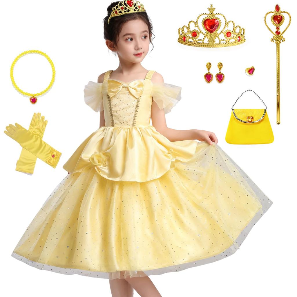 AOTYP Princess Princess Yellow 100 Dress, Kids' Dress, Headband, 8-Piece Set, Girls' Costume, Transformation, Cosplay, Halloween, Christmas, Birthday,