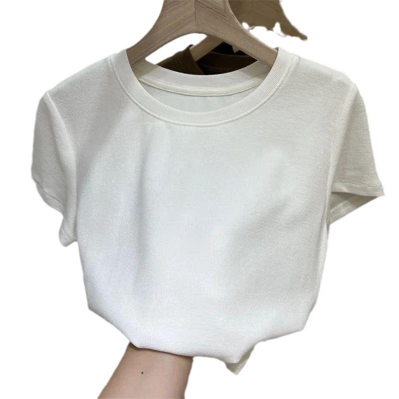 Women's 2023 Summer Korean Style Slim Fit Solid Color Round Neck T-Shirt