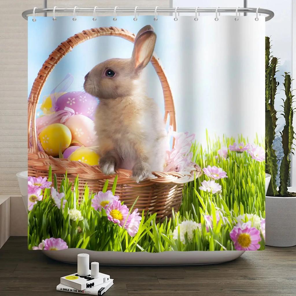 Весенняя Пасхальная Занавеска для душа Счастливый Кролик Кролик Яйца Цветочный Сад Цветочный Праздничный Водонепроницаемая Занавеска для душа для ванной комнаты с крючками