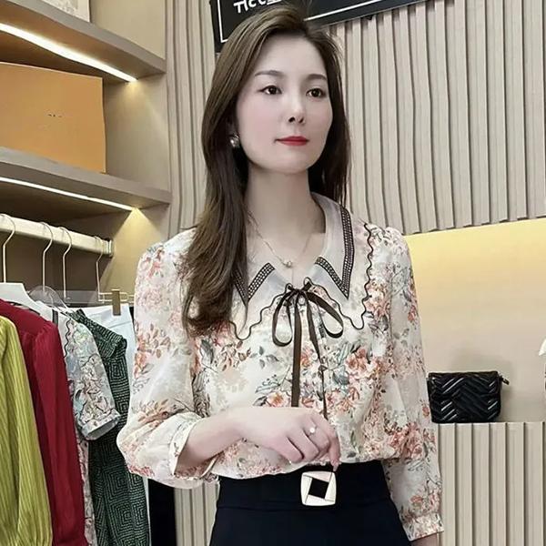 WTEMPO Spring Summer Floral Printed Chiffon Shirts Women's Three Quarter Sleeve Casual Loose Elegant Blouses