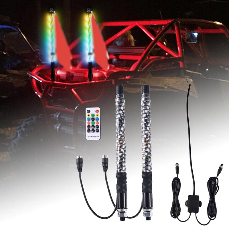 Universal RGB LED Whip Lights Flagpole Antenna Brake Light Waterproof Spiral Lamp Remote for Offroad Truck ATV UTV
